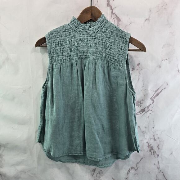 Anthropologie Top Womens Small Blue Tank Linen Smocked Cloth Stone Mock Neck - Picture 1 of 10
